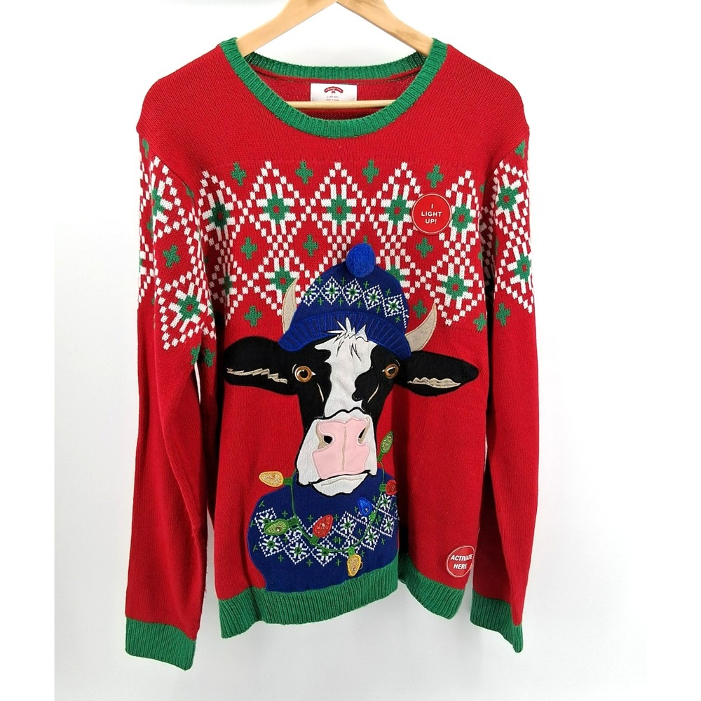Holiday Time Cow‎ Christmas Sweater Sz Large 42-44 Cozy Comfy Grandpacore Ugly